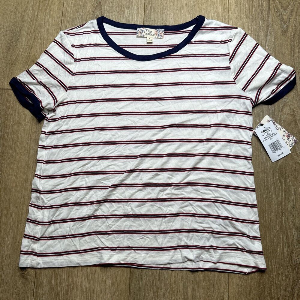Pink Republic Womens Ringer Tee Ivory Red Navy Striped Short Sleeve Shirt L NWT